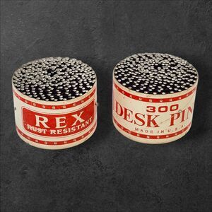 2× Vintage REX Desk Pins No. 17 Rust Resistant USA Office Tins Full Excellent